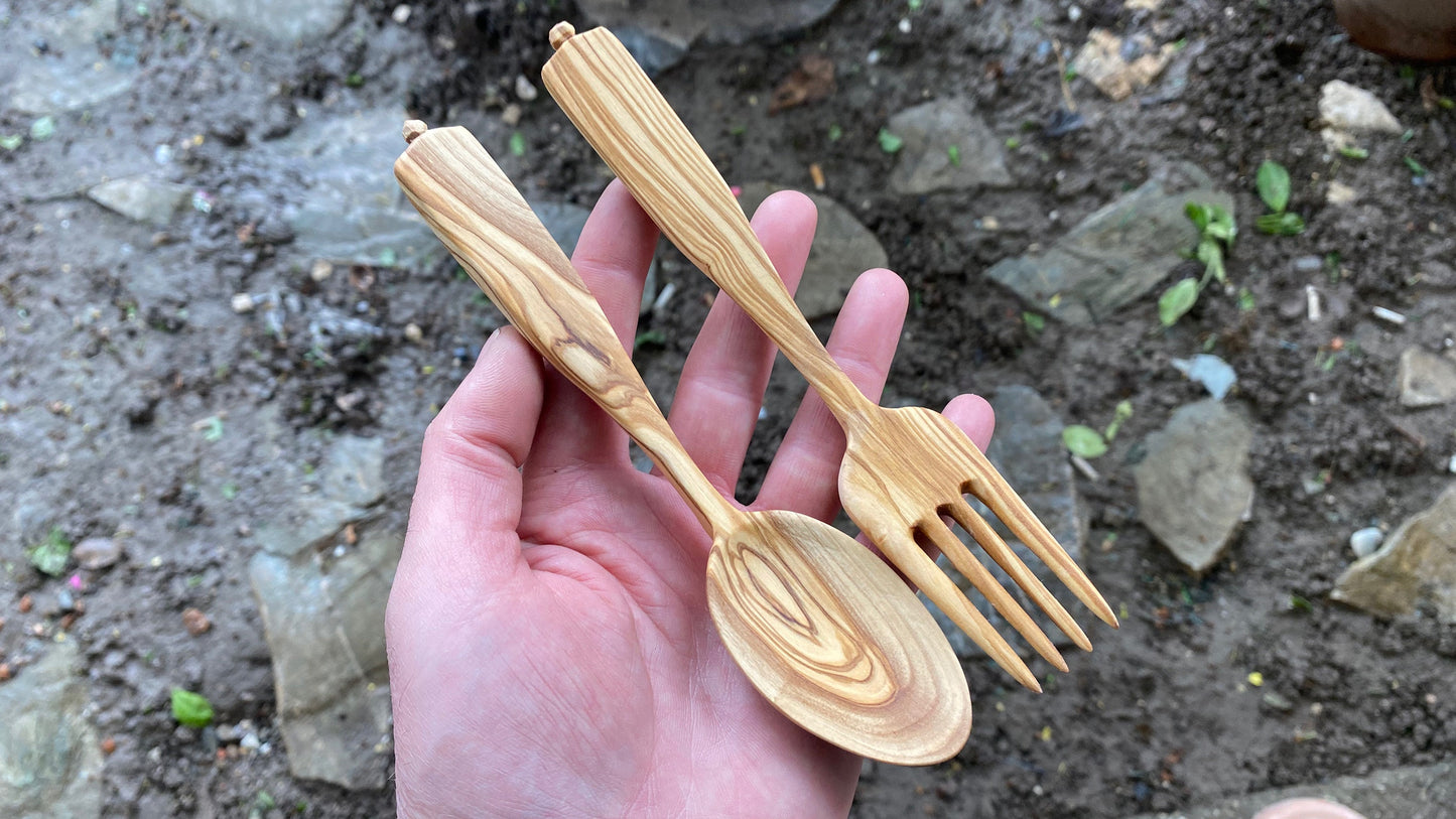 Olive Spoon and Fork, Eating Spoon Set, Hand Carved Spoon