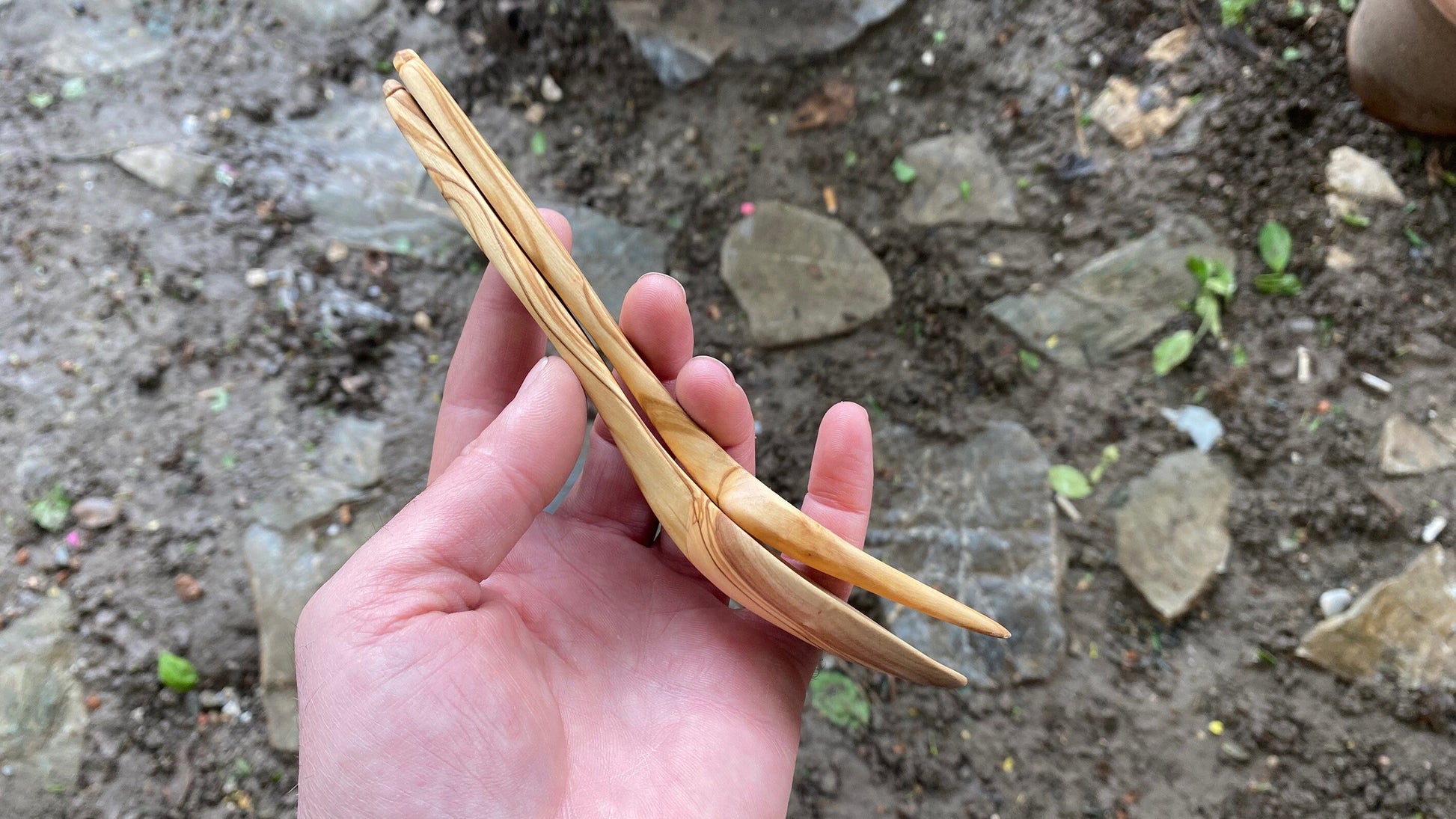 Olive Spoon and Fork, Eating Spoon Set, Hand Carved Spoon