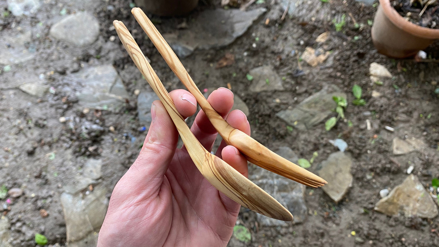 Olive Spoon and Fork, Eating Spoon Set, Hand Carved Spoon