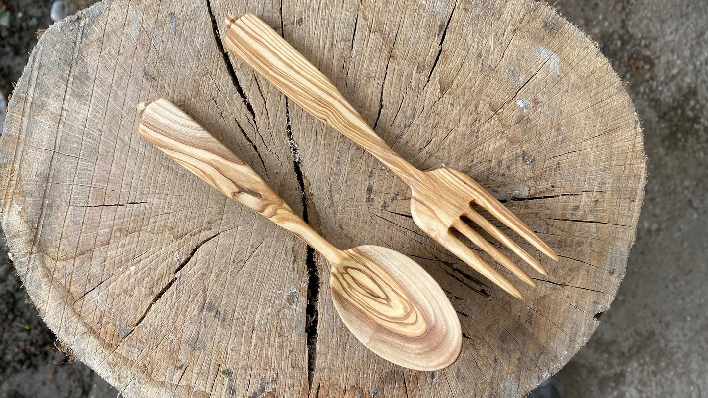 Olive Spoon and Fork, Eating Spoon Set, Hand Carved Spoon