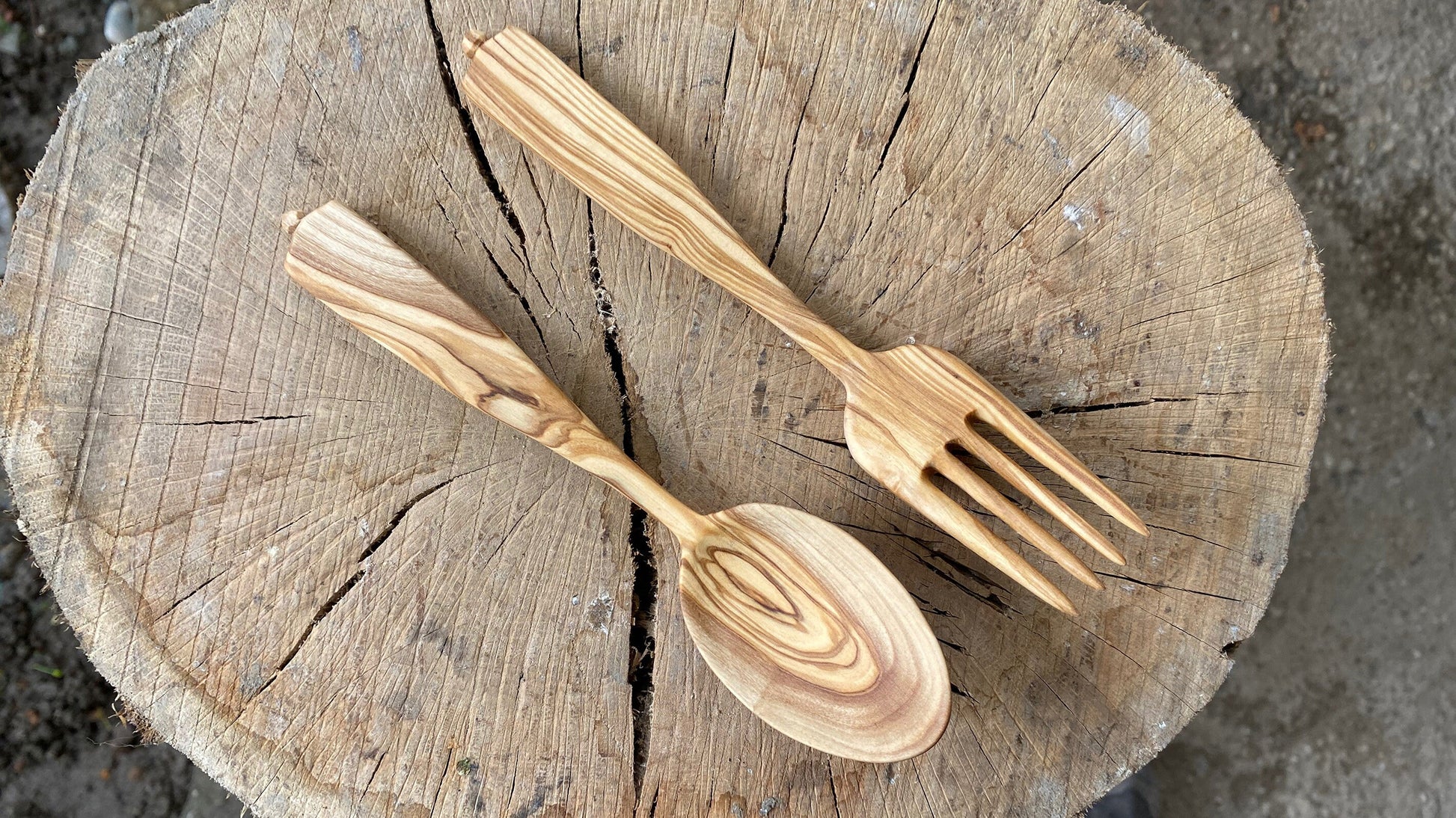 Olive Spoon and Fork, Eating Spoon Set, Hand Carved Spoon